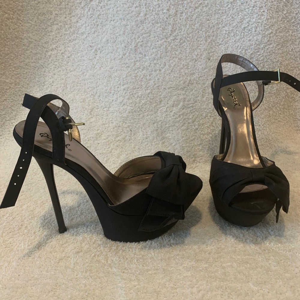 Fergie Black Peep-Toe Heels with Bow Accent